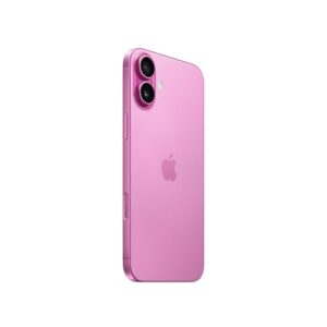 Rear three-quarter view of a pink Apple iPhone 16 plus showing its dual-camera module and Apple logo.